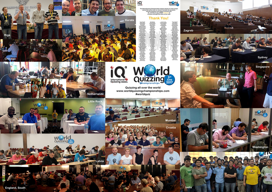 A collage of images of quizzers taking part in the 2017 World Quizzing Championships at venues around the world
